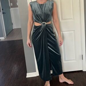 Emerald Velvet Cut Out Dress with buckle embellishment